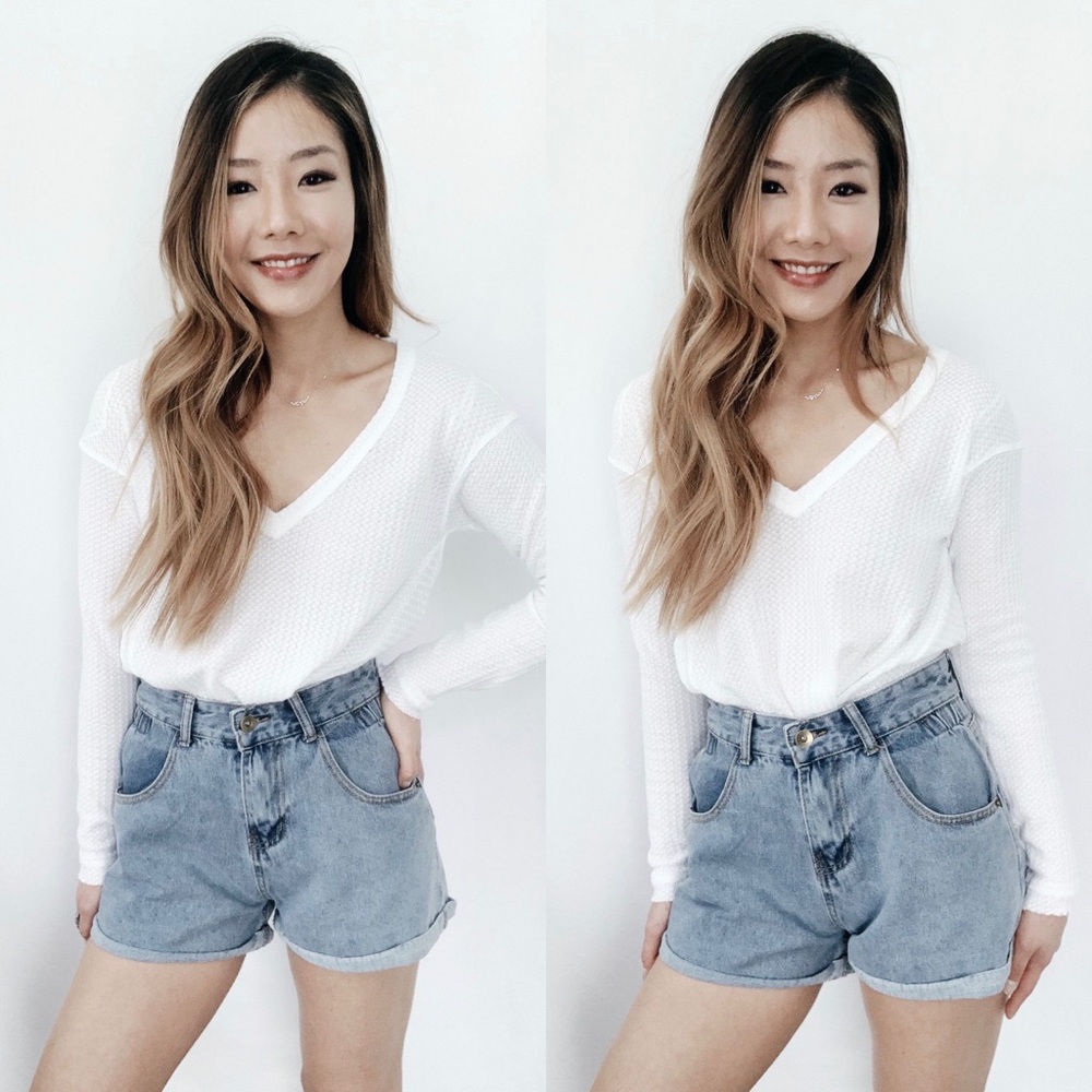 Elastic Detail High-waist Denim Shorts - Picture 3 of 8